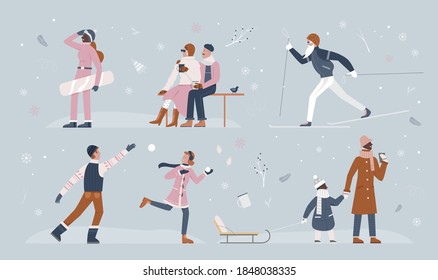 Christmas winter activity in snow park landscape vector illustration set. Cartoon active family or friends people play with snowballs together, man woman and kid characters walk and ski background