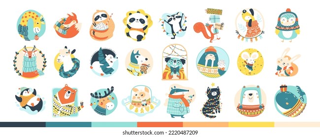 Christmas winter animal characters set in simple hand drawn scandinavian style. A cute childish cartoon in a colorful festive palette. Vector illustration
