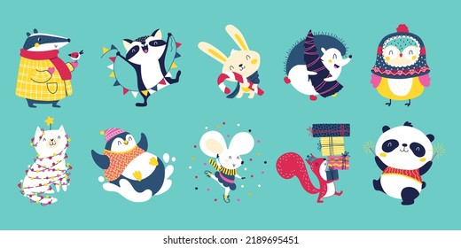 Christmas winter animal characters in simple hand drawn scandinavian style. A colorful childish cartoon in a colorful festive palette. Vector illustration