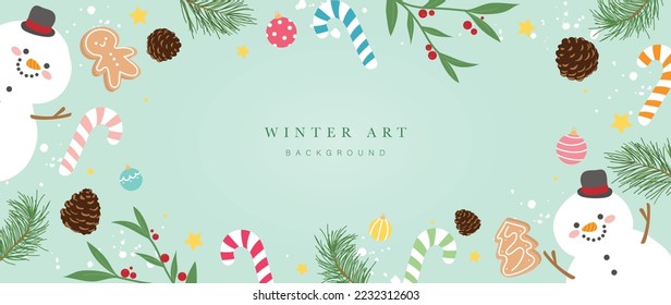 Christmas winter art background vector illustration. Hand painted decorative snowman, gingerbread man, pine cone, candy cane, baubles, laurel. Design for print, decoration, poster, wallpaper, banner.