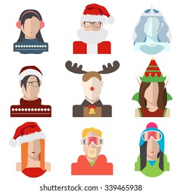 Christmas and winter avatars in flat style. Vector icons of characters: Santa Claus, Snow Maiden, snowboarders, reindeer, elf. EPS 10