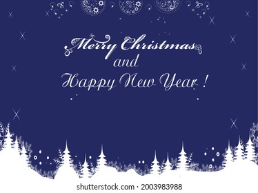 Christmas winter background blue and white. Night in the winter forest. Merry Christmas and Happy New Year beautiful vector illustration for congratulations