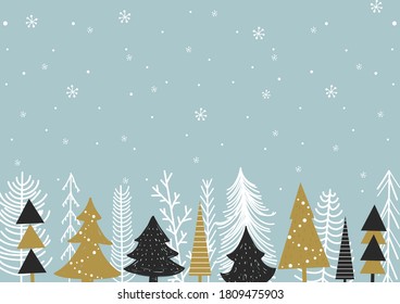 Christmas winter background. Cartoon Christmas trees with snowflakes on light blue background. Cartoon style. Vector illustration.