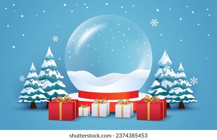 Christmas and winter background. empty glass ball with pile of Christmas gifts