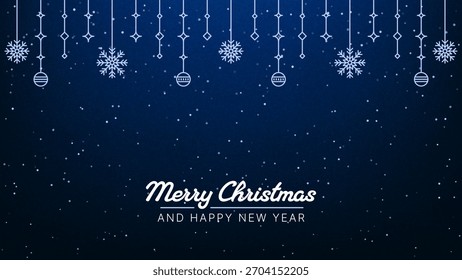 Christmas winter background with falling snow, snowflake, and ornament. Merry Christmas and Happy New Year holiday festive design.