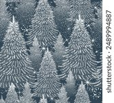 Christmas. Winter background. Winter Forest background. Pine, spruce, christmas tree. Snowy graphic trees seamless pattern panorama view. hand drawing. Not AI, Vector illustrations