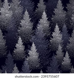 Christmas. Winter background. Winter Forest background. Pine trees forest landscape. hand drawing. Not AI. Pine, spruce, christmas tree. Seamless pattern of snowy spruce trees. Vector illustration