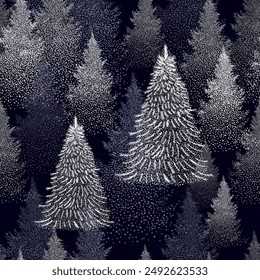 Christmas. Winter background. Winter Forest background. Pine, spruce, christmas tree. Snowy graphic trees seamless pattern panorama view. hand drawing. Not AI, Vector illustrations