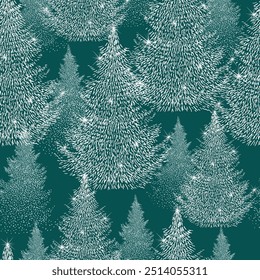 Christmas. Winter background. Winter Forest background. Pine, spruce, christmas tree. Snowy graphic trees seamless pattern panorama view. hand drawing. Not AI, Vector illustrations