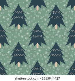 Christmas. Winter background. Winter Forest background. Pine, spruce, christmas tree. Snowy graphic trees seamless pattern in swatches. Vector illustrations