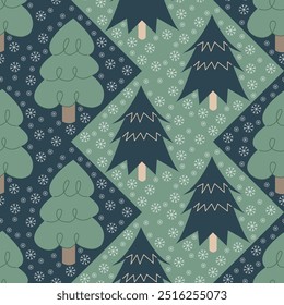 Christmas. Winter background. Winter Forest background. Pine, spruce, christmas tree. Snowy graphic trees seamless pattern in swatches. Vector illustrations.