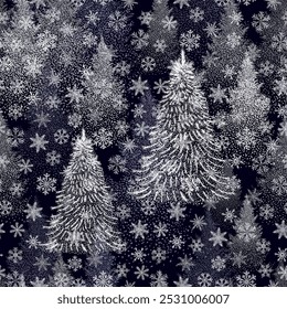 Christmas. Winter background. Winter Forest background. Pine, spruce, christmas tree. Snowy graphic trees seamless pattern panorama view. hand drawing. Not AI, Vector illustrations