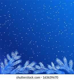 Christmas winter background with frozen tree branches at night