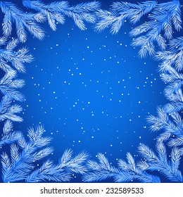 Christmas winter background with frozen tree branches at night