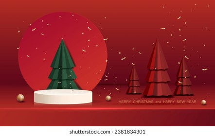 Christmas winter background with green and red trees and gold confetti. Holiday x-mas showroom scene for display present sale product vector.