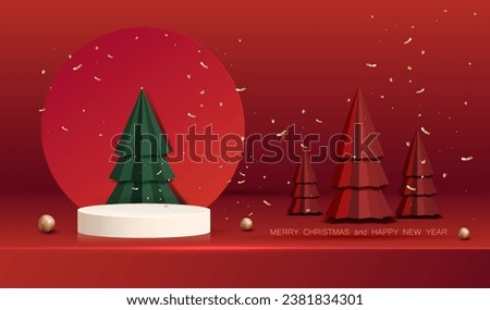 Christmas winter background with green and red trees and gold confetti. Holiday x-mas showroom scene for display present sale product vector.