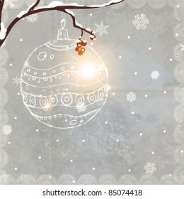 Christmas winter background with hand drawn ball and holly berries