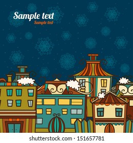 Christmas winter background with houses and space for text - vector