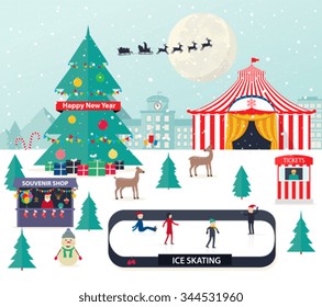 Christmas winter background with with New Year tree  and amusement park.