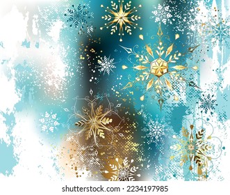 Christmas, winter background, painted blue, white, golden paint with gold, shiny, jeweled snowflakes. Golden snowflakes.