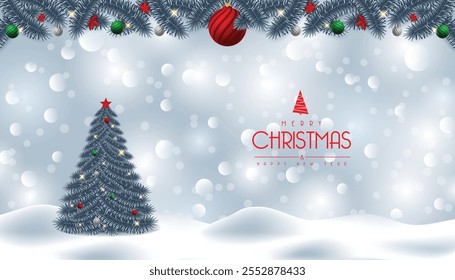 Christmas winter background Pine branch, green, red and silver christmas ball vector