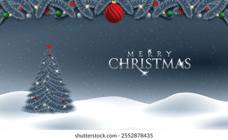 Christmas winter background Pine branch, green, red and silver christmas ball