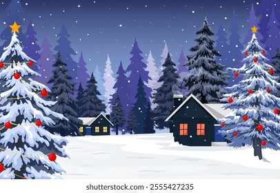 Christmas winter background in pine forest. with a house on the edge of the forest, the Christmas Eve atmosphere is very beautiful