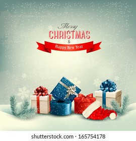 Christmas winter background with presents. Vector. 