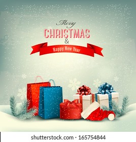 Christmas winter background with presents. Vector. 