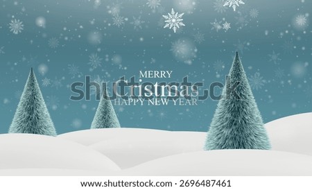Christmas Winter Background. A realistic winter backdrop with snow-covered hills, fir trees, and falling snowflakes, creating a festive effect.	