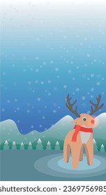 Christmas winter background with Rudolph the reindeer, montains and white snowflakes. Xmas vertical card. Vector illustration.