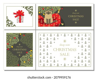 Christmas winter background. christmas sale. christmas sale banner. Illustration with a cat under the Christmas tree.