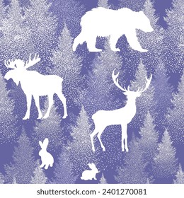 Christmas. Winter background with silhouettes of forest animals. Winter Forest background. hand drawing. Not AI. Seamless pattern of snowy spruce trees and animals. Vector illustration