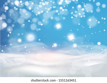 Christmas Winter background with snow drifts ,sky, snowfall, snowflakes in different shapes and forms, . Winter landscape with falling christmas shining beautiful snow. vector illustration.