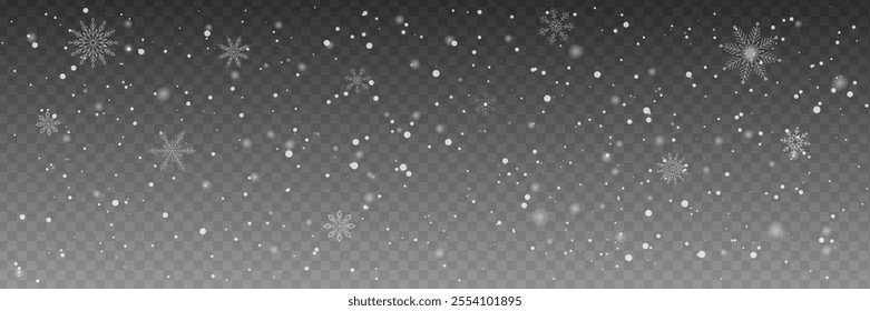 Christmas winter background with snowfall and snowflakes, Christmas snowfall transparent background, heavy snowfall, and snowflakes in different shapes, Snow falling background, Frosty Landscape.