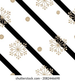 Christmas and winter background with snowflakes. Gold glitter seamless snowflakes pattern for textiles, brochure, card, vector illustration.