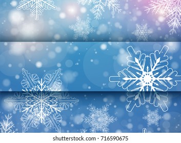 Christmas winter background with snowflakes and magic lights, vector  illustration