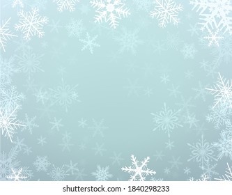 Fondo de invierno navideño con copos de nieve, ilustración vectorial.