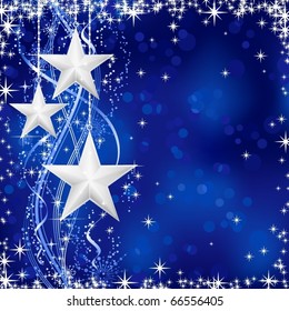 Christmas / winter background with stars, snow flakes and wavy lines on blue background with light dots for your festive occasions. No transparencies.