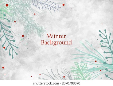 Christmas winter background vector, pine tree branches, abstract berries in frosty winter blue green and gray colors on marbled white vintage texture, abstract minimal outlines of pine needles leaves