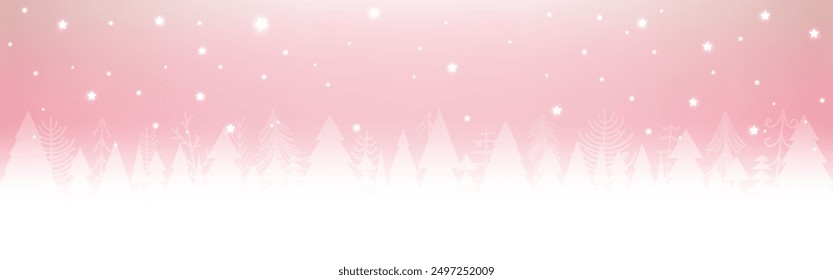 Christmas winter background. White landscape forest trees with stars on light pink background. Horizontal design. Vector illustration.