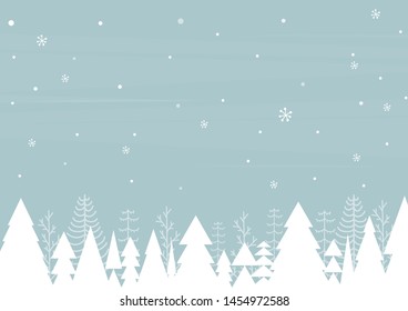 Christmas winter background. White Christmas trees with snowflakes on light blue background. Cartoon style. Vector illustration.