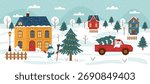 Christmas winter banner. Background of landscape with Christmas winter houses, Christmas trees, snowman and Santa. Vector flat illustration.