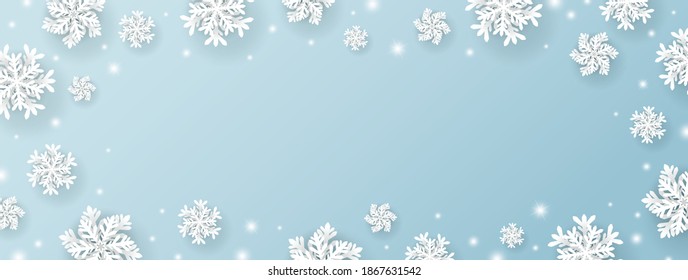 Christmas and winter banner design of snowflake and snow with lights on blue background vector illustration