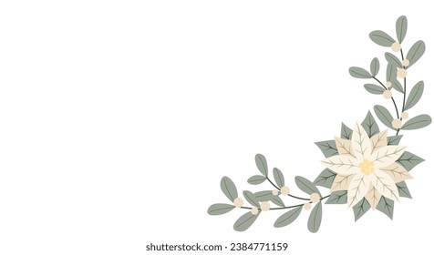 Christmas winter banner with flower white poinsettia and white berries. Perfect for  greeting card design. Vector illustration