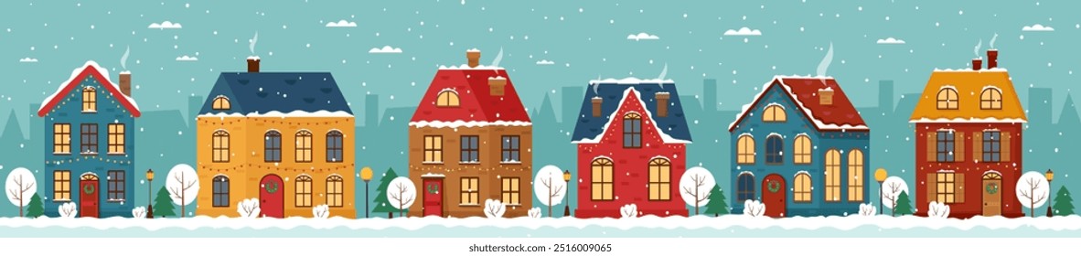 Christmas winter banner. Christmas street, Christmas winter houses. Vector flat illustration. 