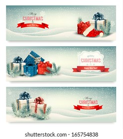 Christmas winter banners with presents. Vector. 