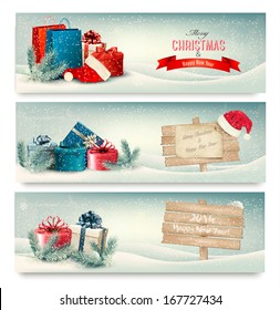 Christmas winter banners with presents. Vector. 