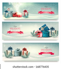 Christmas winter banners with presents. Vector. 