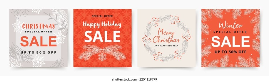 Christmas winter  banners for social media post template. Holiday, new year, xmas festival, sale promotion, background, flyer or poster, story and web internet ads. Vector illustration